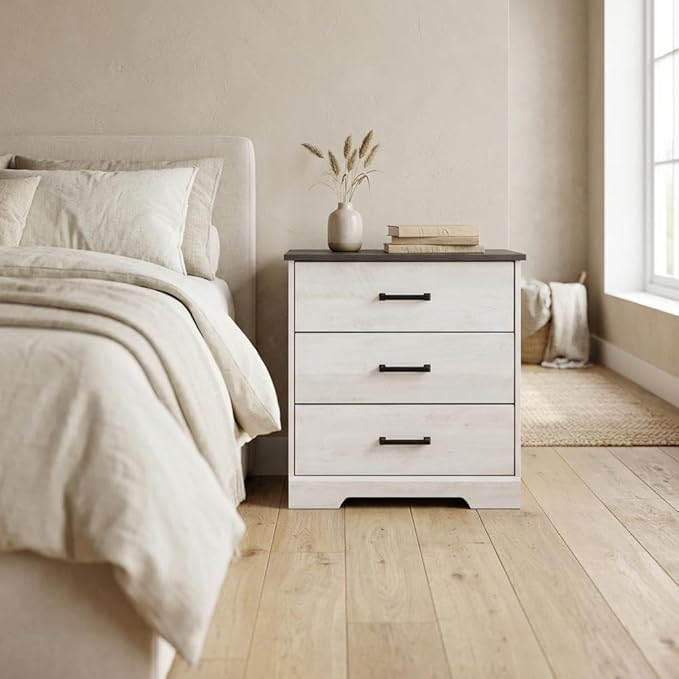 Furnifact White Nightstand Bedside Table, Farmhouse Style, Laminate Finish, Rectangular Shape, One Size for Bedroom, Modern and Durable Design