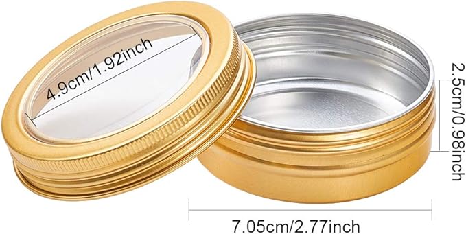 BENECREAT 14 Pack 2 OZ Tin Cans Screw Top Round Aluminum Cans Screw Lid Containers with Clear Window - Great for Store Spices, Candies, Tea or Gift Giving (Gold)