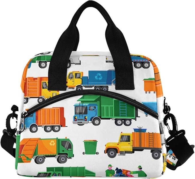 CBBYY Garbage Truck Lunch Bags for Women Men, Reusable Insulated Lunch Box, Adjustable Shoulder Straps Tote Lunch Bag for Work Picnic School