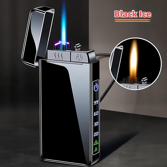 Torch Lighter, Butane Torch Soft Flame Plasma Dual Arc 3-in-1 Lighter, USB Rechargeable Electric Lighters with Flashlight, Windproof Refillable Lighters (Without Fuel) (Black Ice)