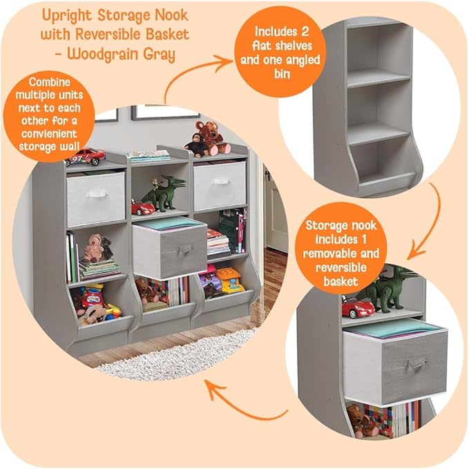 Badger Basket Upright Storage Nook with Reversible Basket - Melamine Surface, 2 Shelves & 1 Angled Bin, Customizable Storage Solution for Kids - Woodgrain Gray