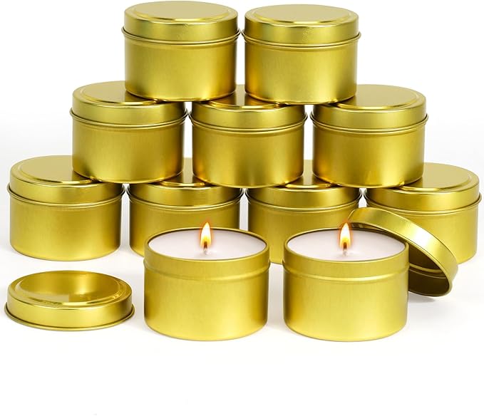 Blingfun 10 Packs 4 oz Candle Tins kit, Candle Making Tins, Candle Jars, 100pcs Candle Wicks, 100pcs Wick Stickers, Candle Containers for Making Candles (Golden)