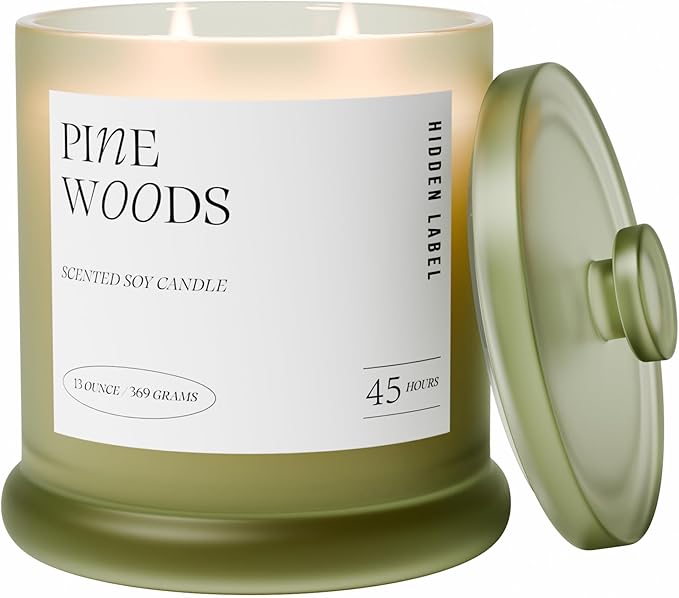 Hidden Label Pine Woods Scented Candle, 13oz Double Wick Soy Wax Candles for Home Scented, Fresh Christmas Tree & Balsam Fir Aroma | 45H Clean Burn Holiday Candles for Winter Decor & Gifts for Women