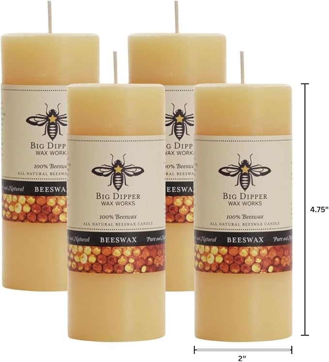 Big Dipper Wax Works 100% Pure Beeswax Pillar Candles (4 Pack) – 2" x 4.75" Handmade in USA, Long Burning Clean Soot-Free, Natural Honey Aroma, Eco-Friendly Cotton Wick, Home Décor & Meditation