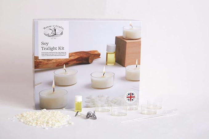 Soy Tealight, Single Craft Kit Set, Beige, Includes 5 Clear Polycarbonate Tealight Cases, 100g Soy Wax, 5 Tealight Wicks, 4ml Vanilla Fragrance Oil, Pipette, Instructions