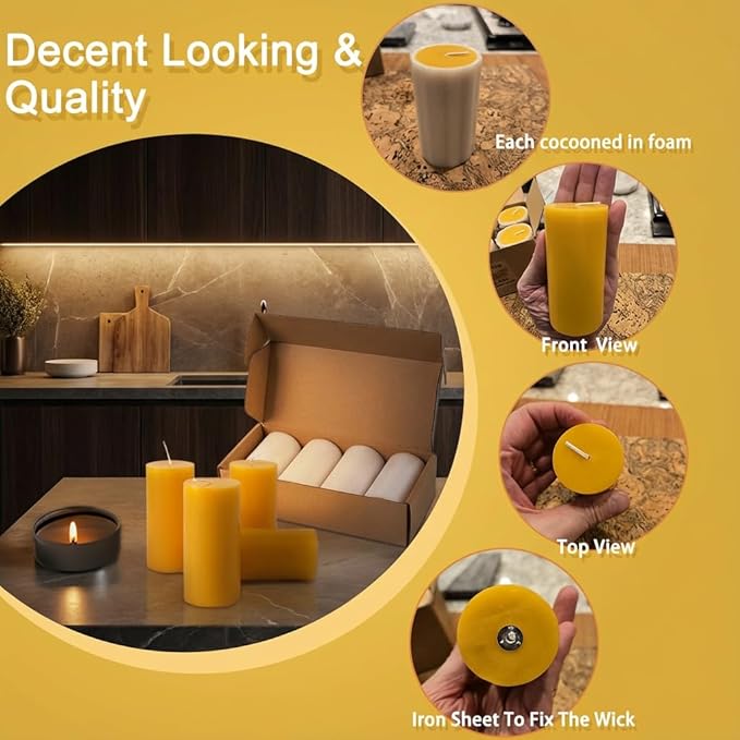 4 Pack Pure Nature Beeswax Pillar Candles, 2x4 Inches, 140 Hours Long Burn Time, Smokeless and Unscented Beeswax Candles for Home,Paryer,Parties