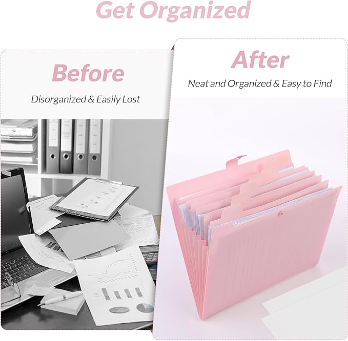 SKYDUE Expanding File Folder, Accordion File Organizer with 8 Pockets, Expandable Document Paper Receipt Holder for School Office Hospital, Letter/A4 Size Pink