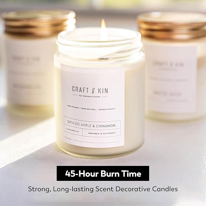 Craft & Kin Apple and Cinnamon Scented Candles | 8 Oz, 45-Hour Long Lasting | Classic Soy Winter Candle with Wood Wick | Made with Natural Soy | Candles Gifts for Men and Women