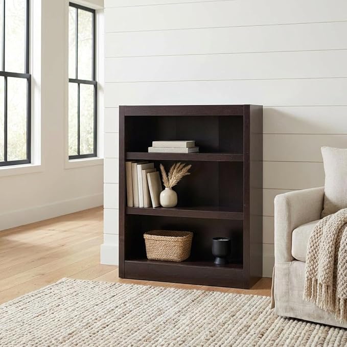 Furnifact Espresso Bookcase with 3 Shelves, Adjustable and Fixed Shelves, Holds Up to 70 lbs, Stylish Storage Solution for Living Room or Office