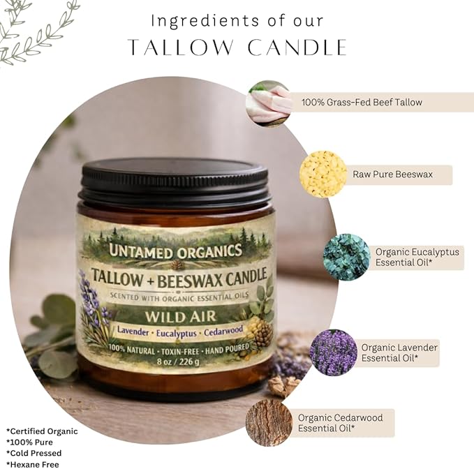 Grass-Fed Tallow Candle, Essential Oil Scented (Lavender Eucalyptus Cedarwood), No Synthetic Fragrance, Non-Toxic, 100% Cotton Wick, Hand Poured, 8 oz Amber Glass Jar, 50+ Hr Burn