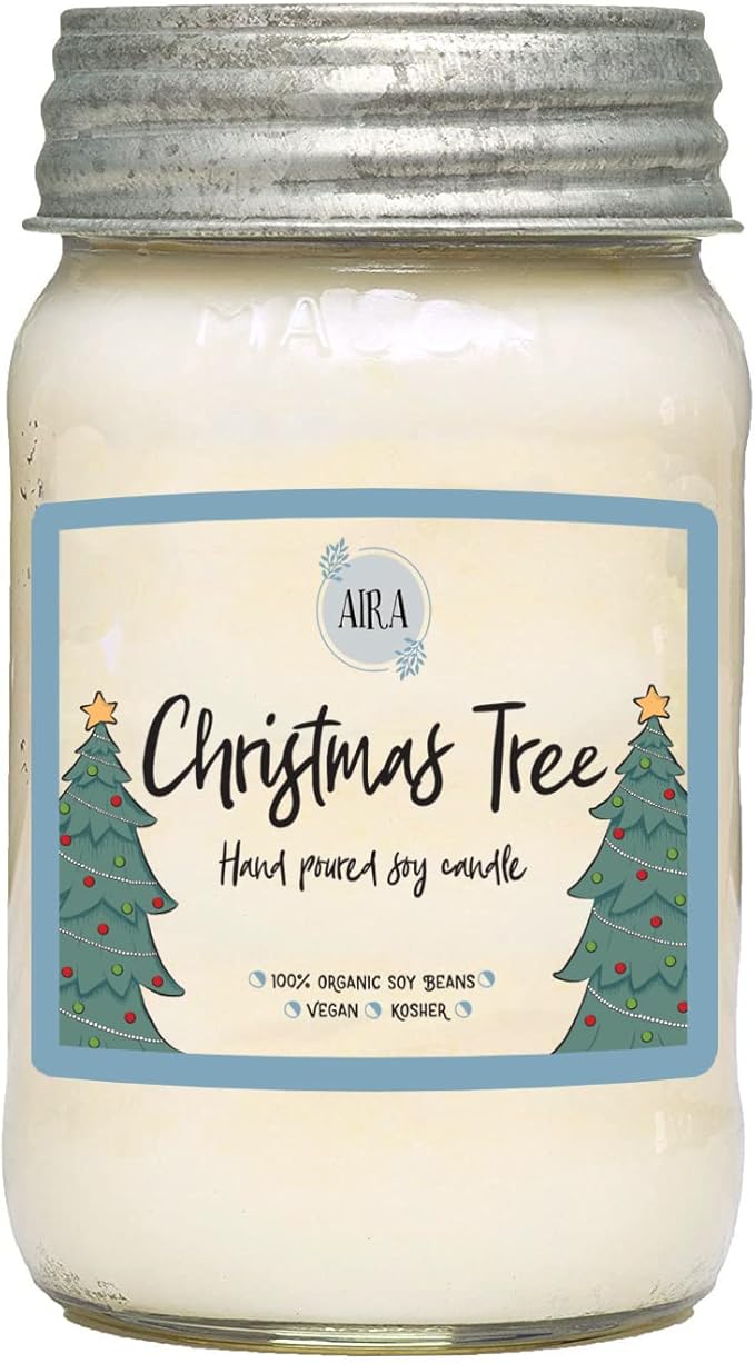 Aira Soy Candles - Organic, Kosher, Vegan, in Mason Jar w/Essential Oils - Hand-Poured 100% Soy Candle Wax - Paraffin Free, 110+ Hours - Pine Scent Holiday Candle - Christmas Tree Scent - 16 Ounces