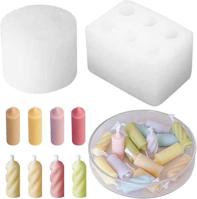 2-Pack Silicone Candle Molds Set, 6 Holes Mini Long Cylinder Shape Mold and 3 Holes Mini Twisted Cylinder Mold for Aromatherapy Candle Soy Wax Soap Clay Craft Plaster Resin Making