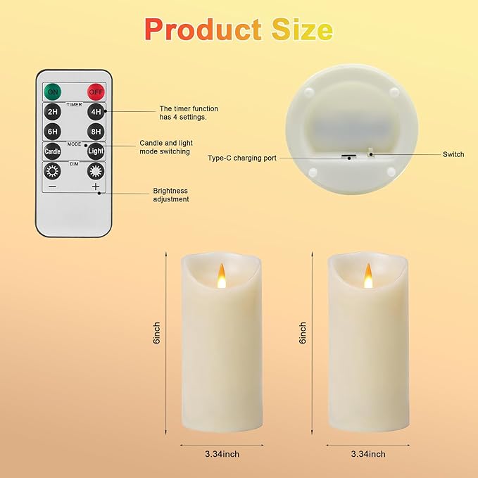 Autbye Rechargeable Flameless Candle, Realistic 3D Flickering Warm Flame, LED Candle with Remote Control & Timer for Holiday, Wedding, Patio and Home Decoration(Set of 2)