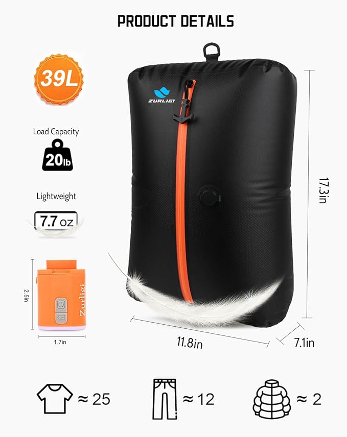 Zurligi Vacuum Compression Bags with Pump for Travel – IPX8 Waterproof Vacuum Packing Cubes, Reusable Carry-On 39L Bags for Clothes, Suitcase & Backpack(3-Pack Black)