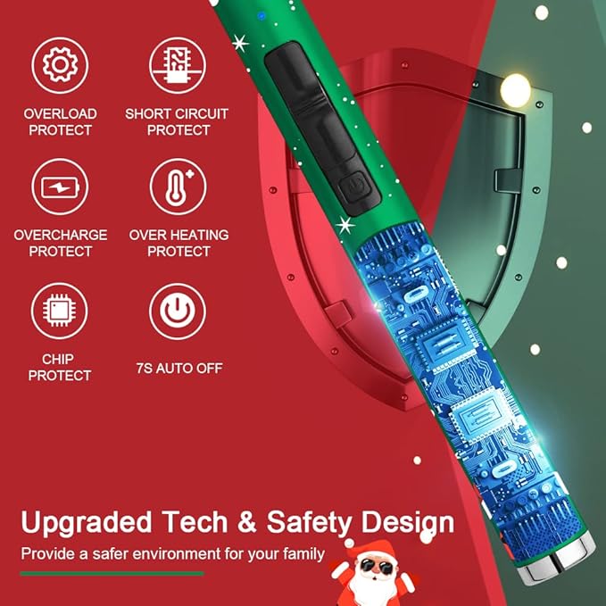 SUPRUS Electric Candle Lighter USB Lighter with Upgraded LED Battery Display Safety Switch Rechargeable Flameless Plasma Windproof Pocket Size for Candle Cooking BBQs Fireworks (Christmas Green)