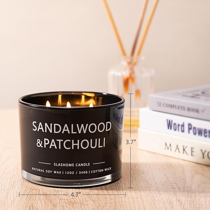 Sandalwood & Patchouli Scented Candle, Luxury Large 3 Wick Soy Candle 12 Oz, 60+ Hour Long Lasting Clean Burn, Elegant Aromatherapy Home Decor, Housewarming & Birthday Gift for Men & Women