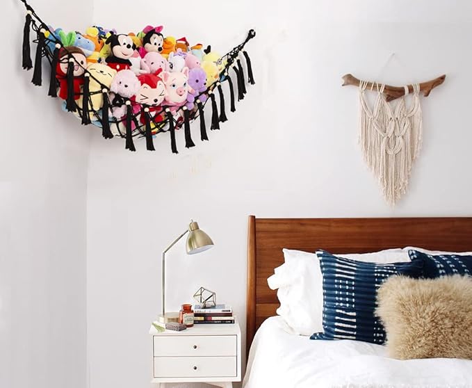 YKBU Stuffed Animal Toy Hammock Hanging- Macrame Toy Hammock with Tassels-Stuff Animals Organizer Storage Boho Large Corner Plush Toys Net Holder for Nursery, Play Room, Kids Bedroom (Black)