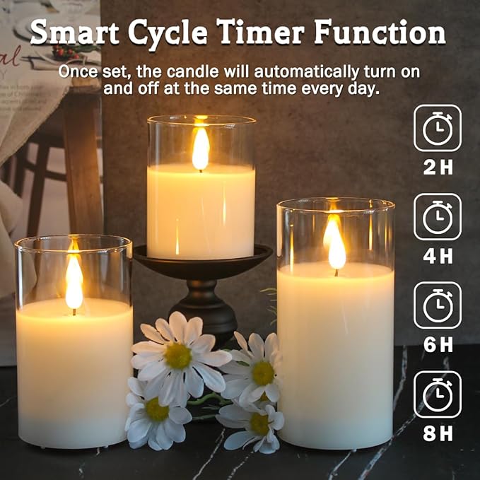 Rechargeable Flameless Glass Pillar Candles–Mothers Day Gifts,–Set of 3, Realistic Flickering LED Light,Remote & Timer, Ideal for Living Room, Bedroom & Birthday Gifts for Mom