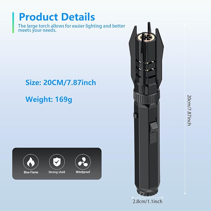 Large Torch Lighter, Camping Windproof Refillable Butane Lighters, Jet Flame Straight Flame Bright Fire Adjustable Color for Survival Candle Hiking Fireplace Kitchen Home Party BBQ (Without Fuel)