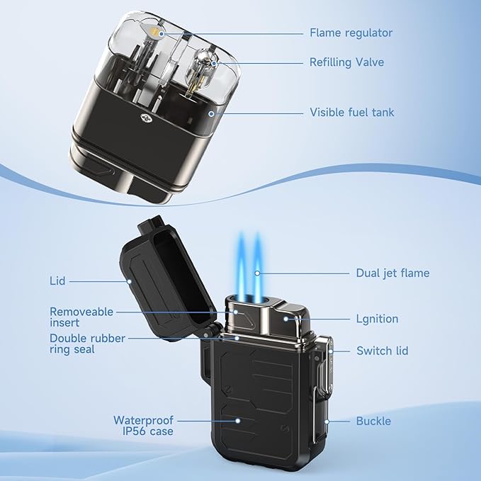 TOPAKY Torch Lighter, Waterproof Windproof Dual Flame Butane Lighter, Refillable Mini Gas Torch Lighter for Candle Fireworks Camping Hiking Tactical Gear (Not Prefilled)
