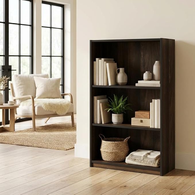 Furnifact Walnut 3-Tier Adjustable Shelf Bookcase, Durable Wood, Versatile Storage, Stylish, Ideal for Home or Office