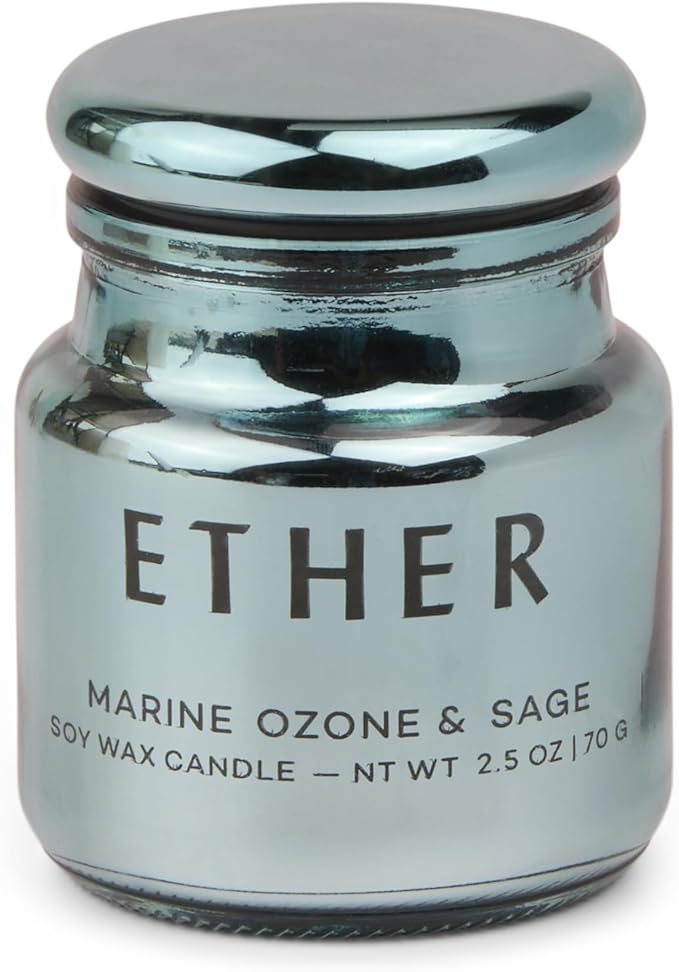 Paddywax Chroma Scented Candle with Lid in Reusable Metallic Etched Glass Jar, Clean- Burn Soy Candle with Approx. 14 Hour Burn Time, Marine – Ether, Ozone & Sage, 2.5 oz