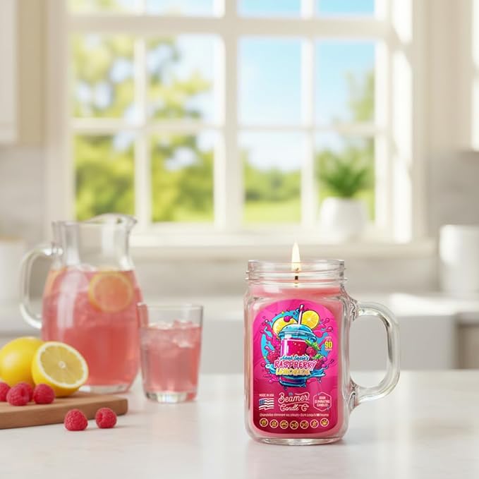 Aunt Suzie’s Raspberry Lemonade Candle – Strong Scent – Raspberry with Fresh Lemon – Long Lasting 90 Hour Burn – Large 12oz Mason Jar – Made in USA – Beamer Candle Co.
