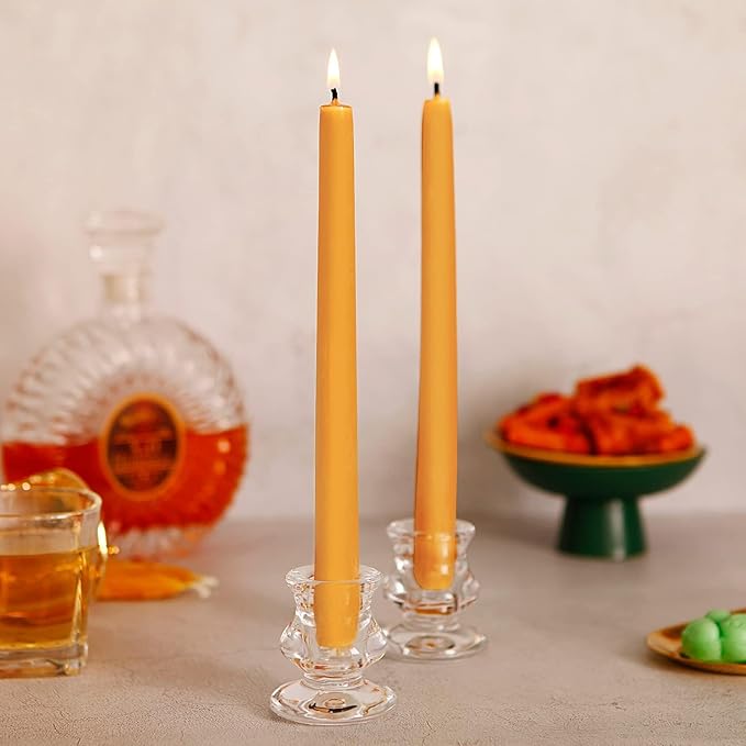 100% Pure 8 Inch Natural Bees Wax Taper Candlestick 12Pack - 8 Hours Long Burning, Smokeless, Dripless and Unscented for Home Decor Party Dinner