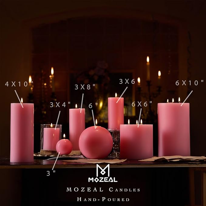 MOZEAL 3" x 4" Hand-Poured Unscented Candle,Dripless Pillar Candle Set of 3,Long Clean Burning,Approx 72 Hours Burn Time,Rustic Country Style,Wedding,Dinner,Christmas and Home Decor,Pink