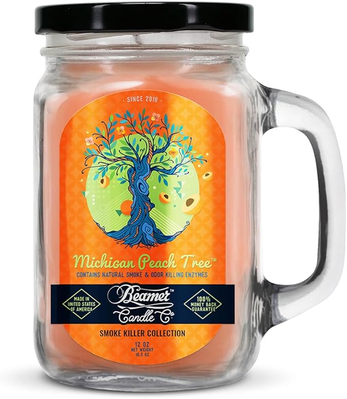 Michigan Peach Tree Candle – Odor Eliminating, Strong Scent – Ripe Juicy Peach – Long Lasting 90 Hour Burn – Large 12oz Mason Jar – Made in USA – Beamer Candle Co.
