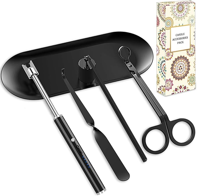 Black 5 in 1 Candle Care Kit, Elegant Candle Wick Trimmer Set, Candle Lighter Set, Candle Snuffer, Candle Tray, Candle Wick Dipper, Candle Accessories Set for Candle Lover