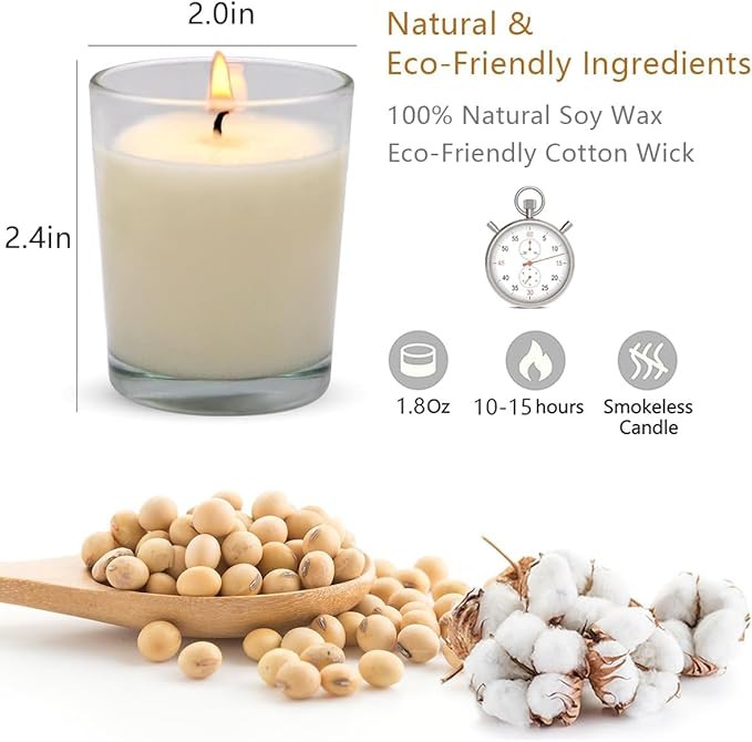 Set of 4 White Votive Candles for Home Décor Weddings Holidays Party and DIY, Unscented Soy Wax Candle Filled in Clear Glass