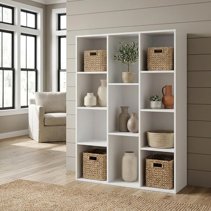 Furnifact White 11-Cube Reversible Open Shelf Bookcase, Versatile Storage, Modern Design, Durable Wood, for Living Room, Office, or Bedroom