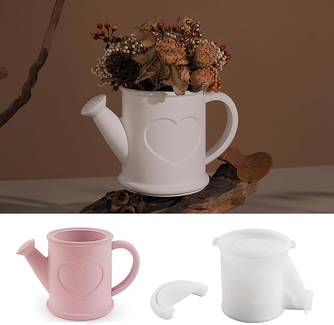 1 Pc Watering Can Shape Container Resin Silicone Mold Heart Pattern Epoxy Concrete Cement Mold for Planter Pot Candle Holder Storage Jar DIY Home Decor Craft Decorations Gifts Trinket Tray
