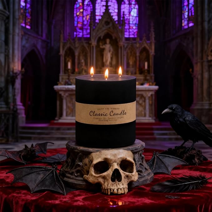 Large 3-Wick Black Pillar Candle - 6x6 Inch Dripless & Smokeless Unscented Fat Candle, 120 Hour Long Burning Hand-Made Thick Candle