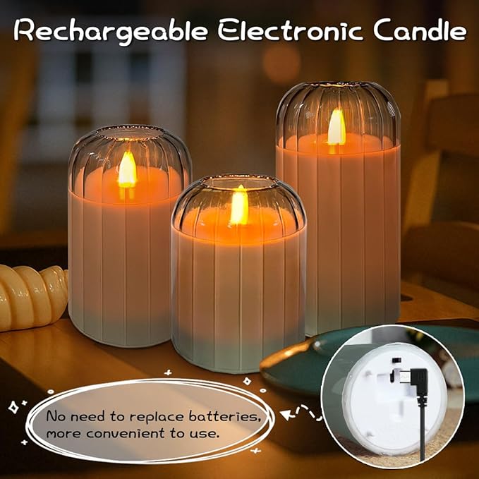 Rechargeable Flameless Candle, Flashing LED Pillar Real Wax Candle with Remote Control and Timer, Green Pumpkin Glass Electronic Candles for Room Decoration, 1 Set of 3