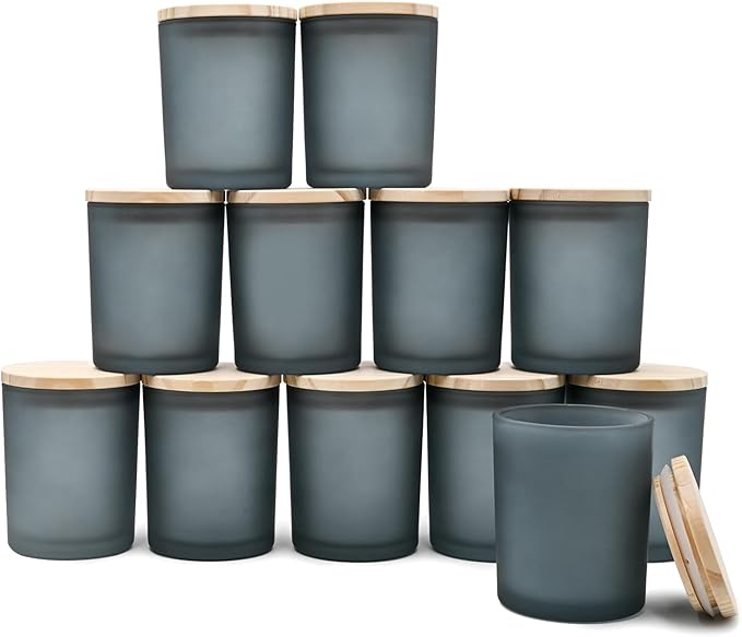 SHOWIN Thick Candle Jars for Making Candles 12 Pcs, 7 OZ Empty Jars with Wood Lids for Candle Making, Sample Container, Frosted Grey