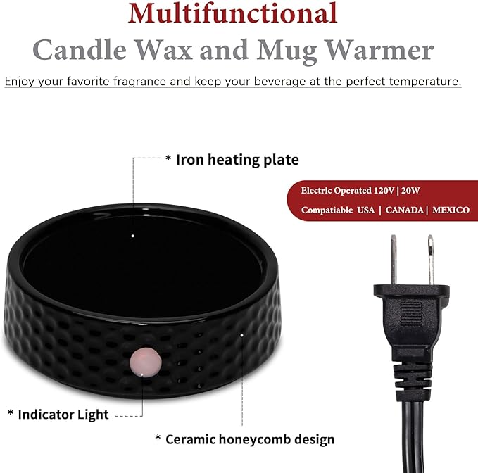 Electric Large Candle Warmer Plate - Ceramic Candle Wax Warmers for Jar Candles, Coffee Mug Warmer, Cup Warmers for Home Office, Aromatherapy Fragrance and Heating Beverage (Black Honeycomb)