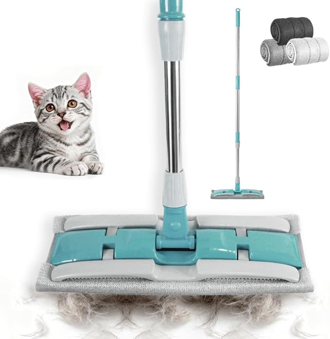Electrostatic Pet Hair Clip-On Mop,One Swipe Captures All Pet Hair & Dust-2 Reusable Pet Hair Removal Cloths+1 Fiber Cleaning Cloth,57-Inch Adjustable Handle,Suitable for Large Home Areas&Under Sofas