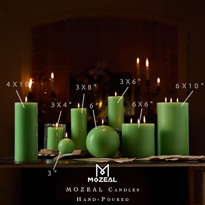 MOZEAL 3" x 8" Hand-Poured Unscented Large Candle,Smokeless Rustic Pillar Candle Set of 2,Slow Burn,No Drip,Approx 150 Hours Burning,Wedding,Dinner,Christmas and Home Decorative,Tall Green Candle