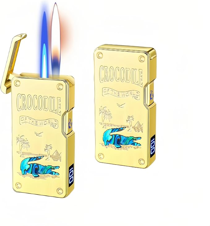 Smart Butane Lighter with 5 Ignition Methods, Voice-Activated Dual Flame Lighter with Windproof Blue Torch and Soft Flame Options, Rechargeable and Refillable Lighters (Without Fuel) (Gold)