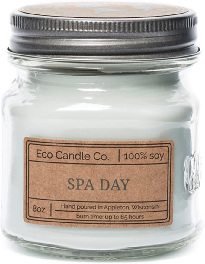 ECO CANDLE CO. Mason Jar Candle, Spa Day, 8 oz. - Scents of Flowers, Musk, Melon, Citrus, & Ocean Air - 100% Soy Wax, No Lead, Kraft Label & Antiqued Pewter Lid, Hand Poured, Midwest Grown Soybeans