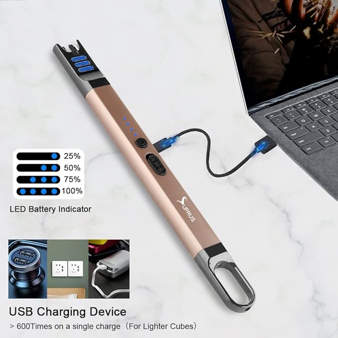 SUPRUS Candle Lighter Electric Arc Lighter Windproof Flameless USB Rechargeable Lighter with LED Light for Candle Camping BBQ Cooking (Black+Champagne Gold)