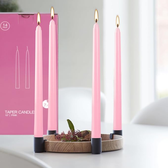 14-Pack Pink Taper Candles - 10 Inch Unscented Dripless Candlesticks, Long Burning for Weddings, Bridal Showers, Valentine's Day & Romantic Dinner Parties