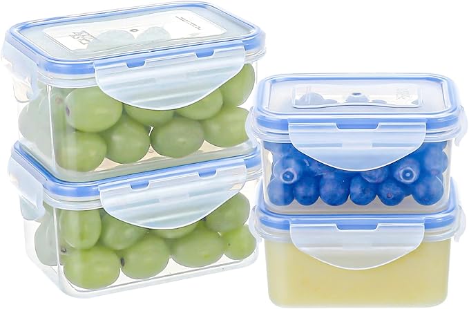 KIGI Small Food Storage Containers with Airtight Lids, Leakproof for Snack, Fruit, Lunch, Meal Prep, Portion Control, BPA-Free Plastic, 4-Sided Locking Lids (2.1 Cup *2 + 0.75 Cup *2 8-Piece Set)
