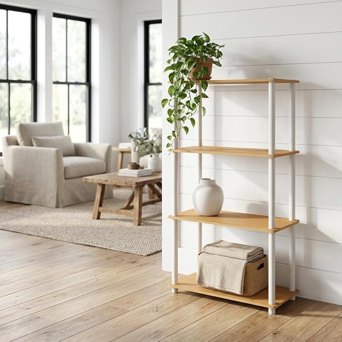 Furnifact Beech White Bookcase with Sturdy Wood Construction, Modern Design, Spacious Shelving, Stylish Home Office Storage Solution