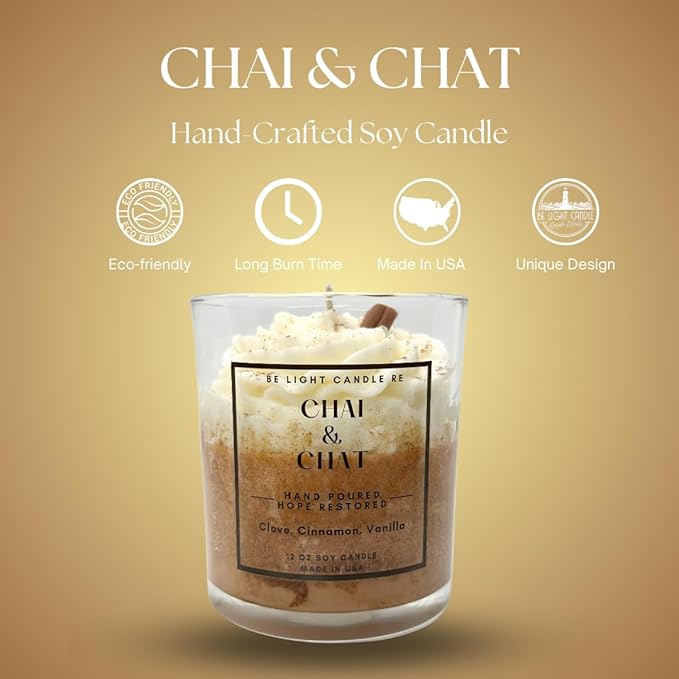 Cinnamon Candle | Purpose-Driven Soy Candles | 12oz Dessert Candle | Gifts for Women | Starbucks | Brown | Mother's Day Gift for Women | Be Light Candle RE (Chai & Chat)
