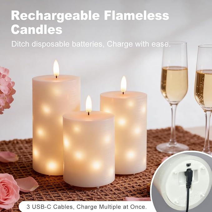 Rechargeable Glass LED Flameless Candles, Embedded Star String Flickering Flameless Candles for Romantic Ambiance and Home Decoration with Remote & Timer(White)