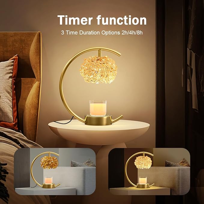 Yeuslor Bronze Candle Warmer Lamp for Jar Candles with Adjustable Brightness＆Timer，Handcrafted Crystal＆Wooden Base,Candle Lamp Luxurious Design+2Bulbs,Home Decoration Electric Candle lamp(C-Shaped)
