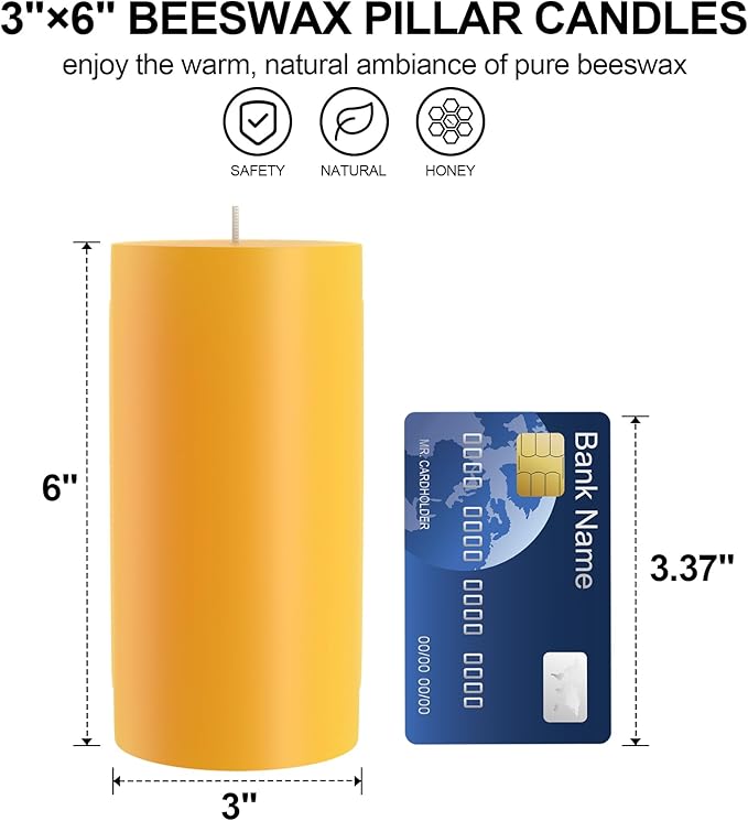 100% Pure Natural Beeswax Pillar Candles-170 Hours Long Burning Time Emergency Beeswax Candles | Organic Bees Wax for Home, Prayer, Christmas, Party | Unscented, Smokeless, Dripless 2 Pack (3×6 inch)
